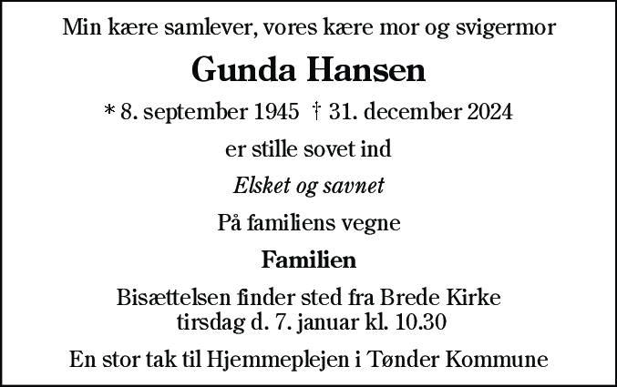 Dødsannonce for Gunda Hansen