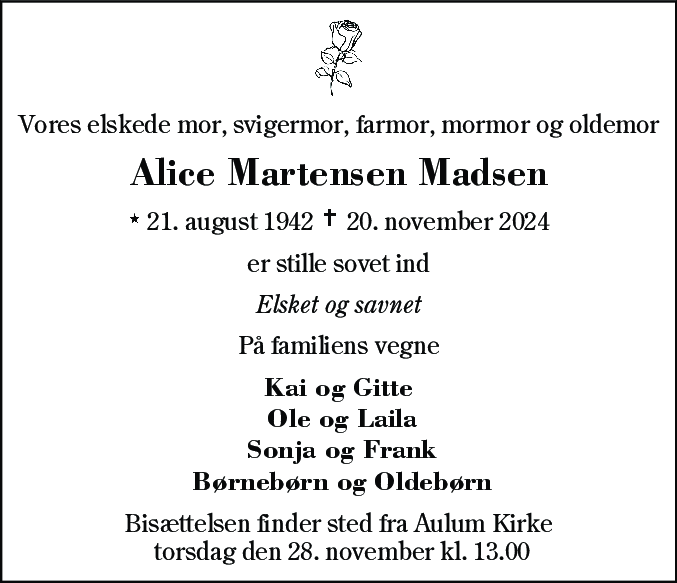 Dødsannonce for Alice Martensen Madsen