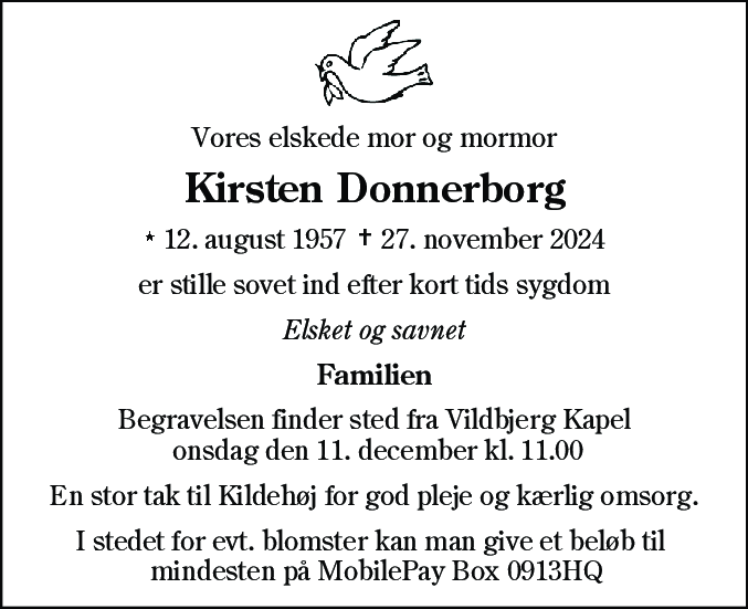 Dødsannonce for Kirsten Donnerborg