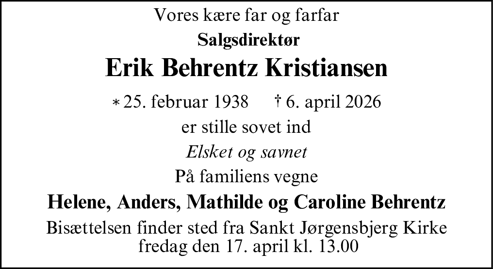 Dødsannonce for Erik Behrentz Kristiansen