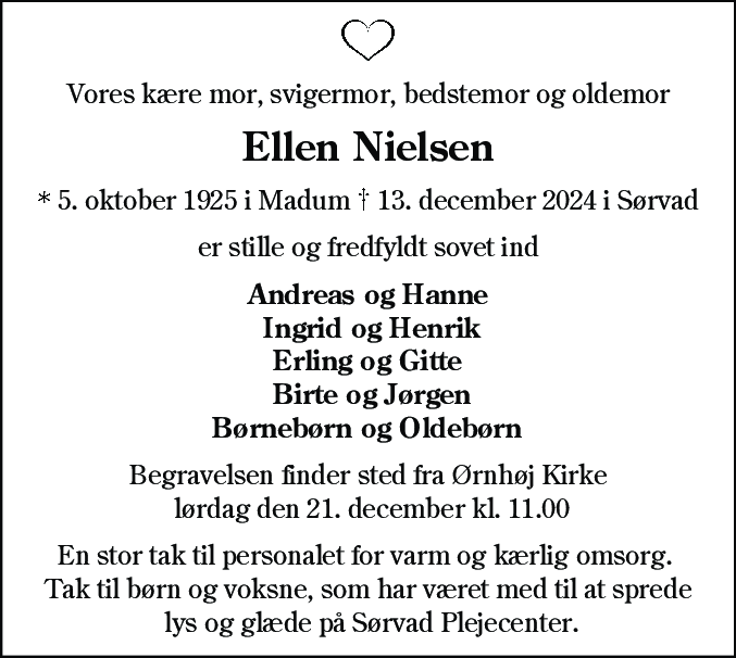 Dødsannonce for Ellen Nielsen