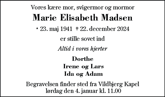 Dødsannonce for Marie Elisabeth Madsen