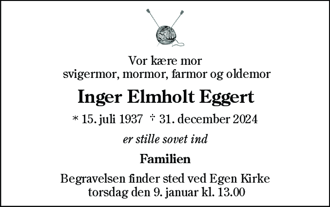Dødsannonce for Inger Elmholt Eggert