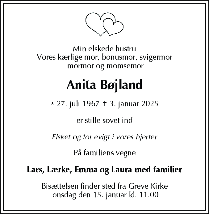 Dødsannonce for Anita Bøjland