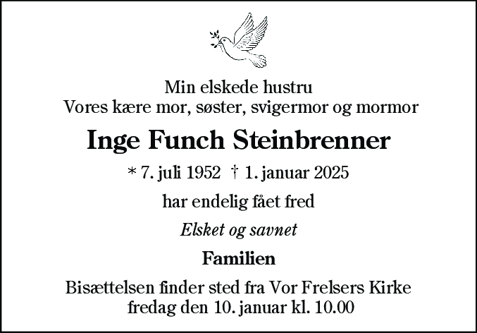 Dødsannonce for Inge Funch Steinbrenner