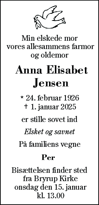 Dødsannonce for Anna Elisabet Jensen