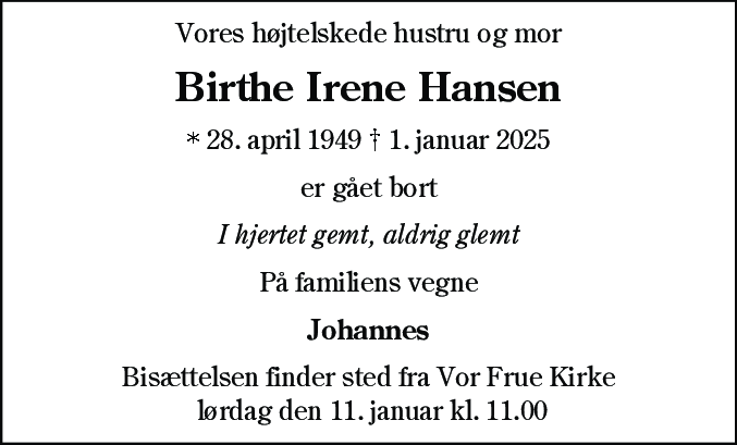 Dødsannonce for Birthe Irene Hansen