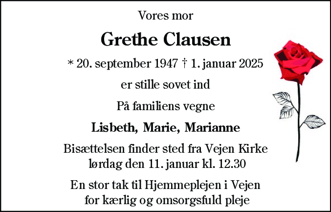 Dødsannonce for Grethe Clausen
