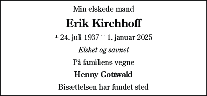Dødsannonce for Erik Kirchhoff