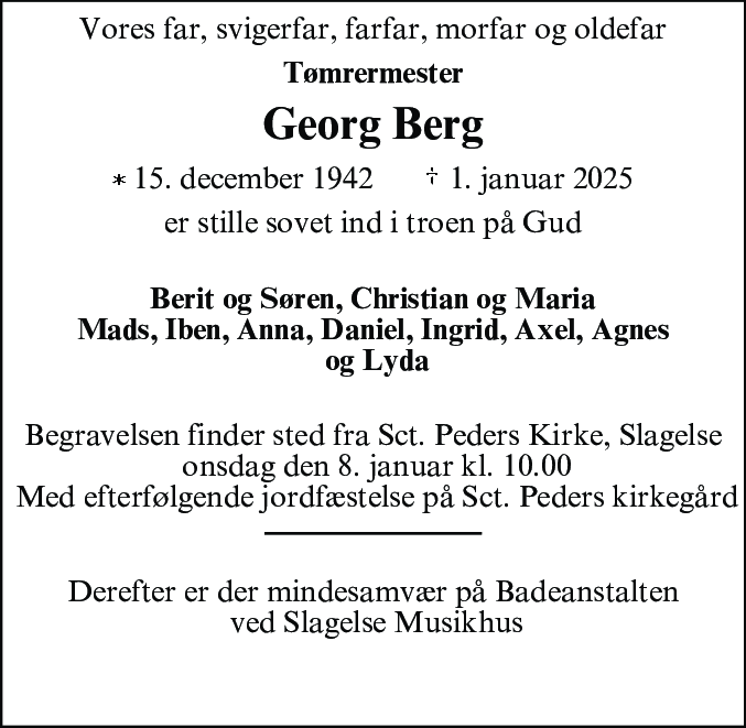 Dødsannonce for Georg Peter Berg