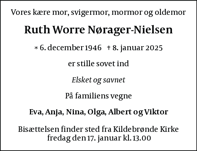 Dødsannonce for Ruth Worre Nørager-Nielsen
