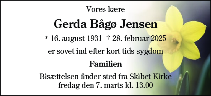 Dødsannonce for Gerda Jensine Bågø Jensen