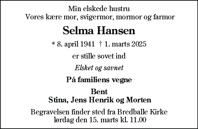 Dødsannonce for Selma Hansen