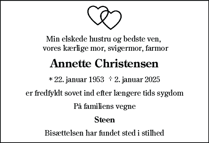 Dødsannonce for Annette Margrethe Christensen