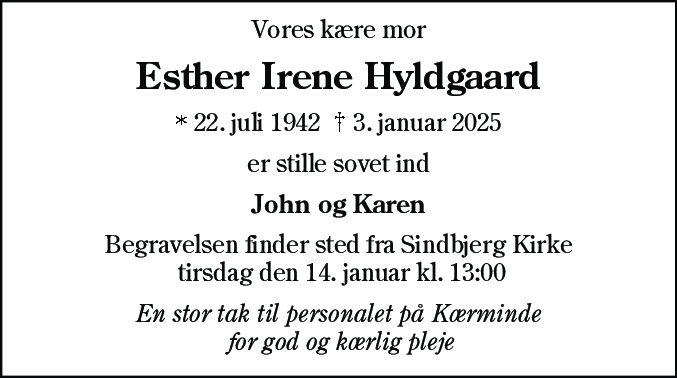 Dødsannonce for Esther Irene Hyldgaard