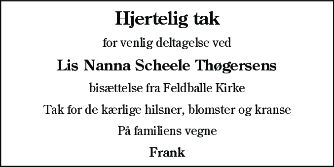 Dødsannonce for Lis Nanna Scheele Thøgersen