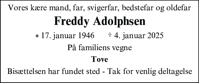 Dødsannonce for Freddy Eduard Adolphsen