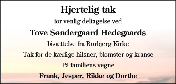 Dødsannonce for Tove Søndergaard Hedegaard