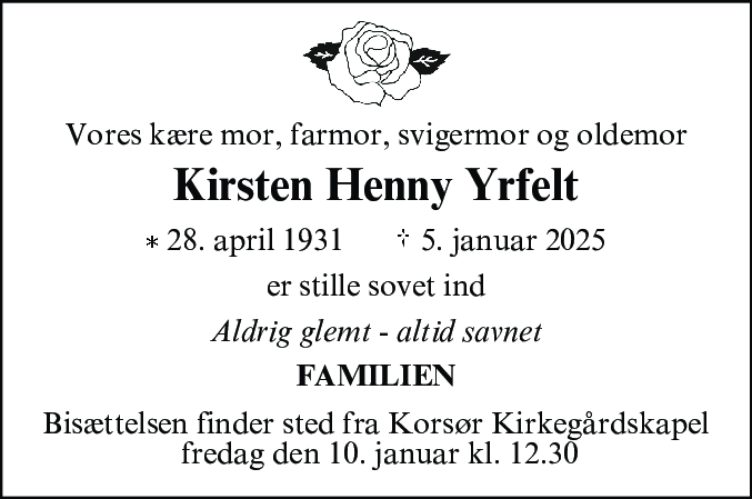 Dødsannonce for Kirsten Henny Yrfelt