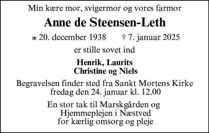 Dødsannonce for Anne de Steensen-Leth