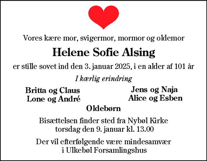 Dødsannonce for Helene Sofie Alsing