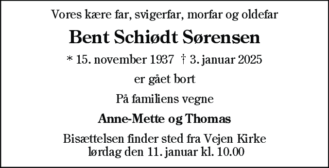 Dødsannonce for Bent Schiødt Sørensen