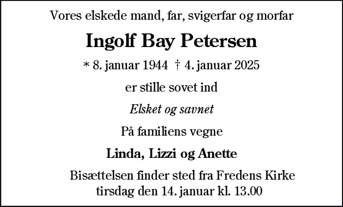 Dødsannonce for Ingolf Bay Petersen