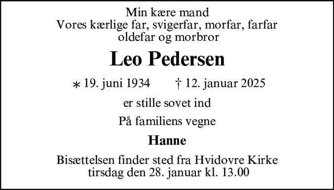 Dødsannonce for Leo Pedersen