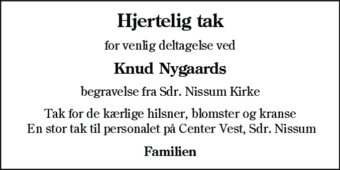 Dødsannonce for Knud Nygaard