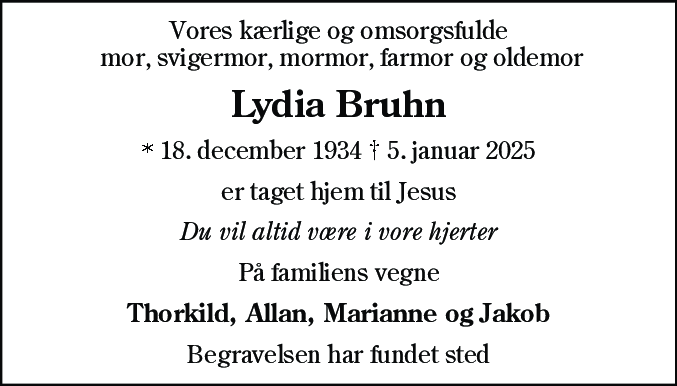 Dødsannonce for Lydia Ploug Jensen