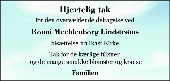 Dødsannonce for Ronni Mechlenborg Lindstrøm