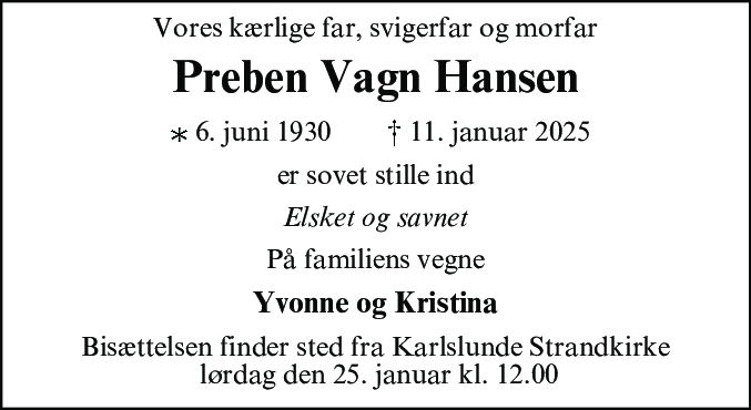 Dødsannonce for Preben Vagn Hansen