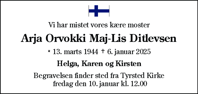 Dødsannonce for Arja Orvokki Maj-Lis Ditlevsen