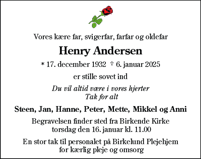 Dødsannonce for Henry Andersen