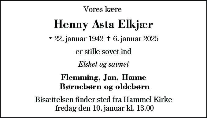 Dødsannonce for Henny Asta Elkjær