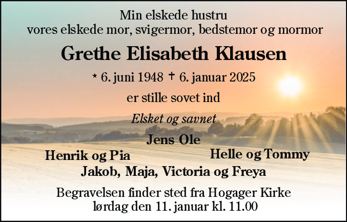 Dødsannonce for Grethe Elisabeth Klausen