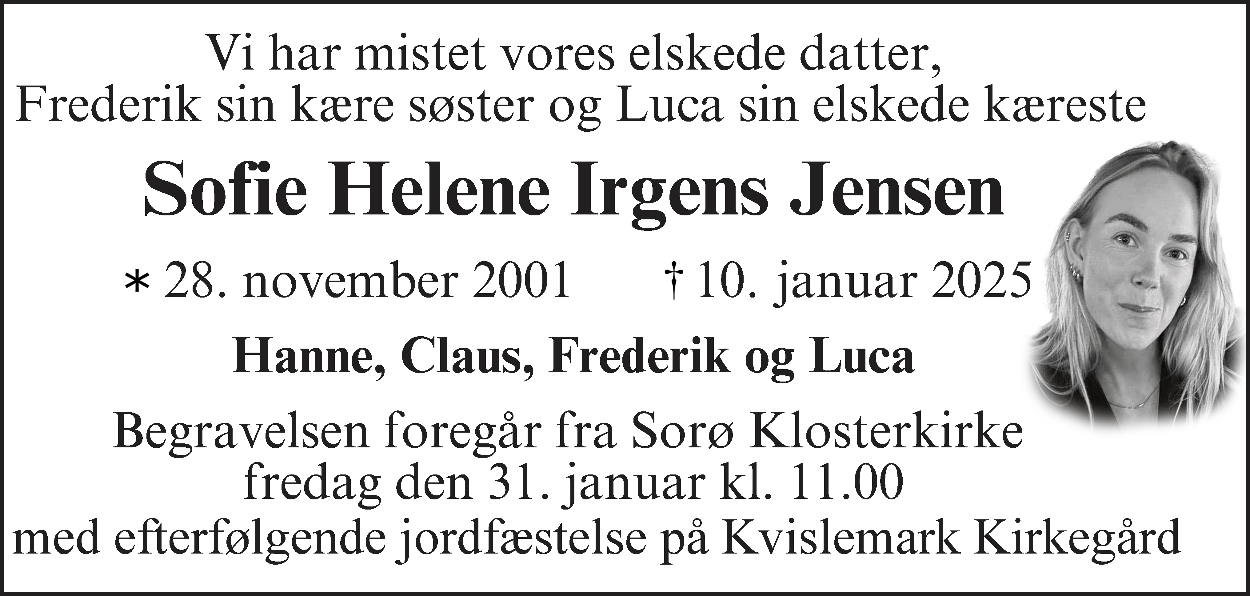 Dødsannonce for Sofie Helene Irgens Jensen