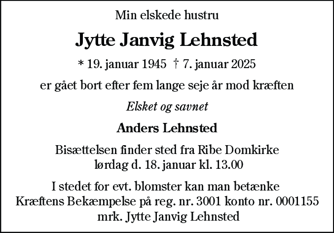 Dødsannonce for Jytte Janvig Lehnsted