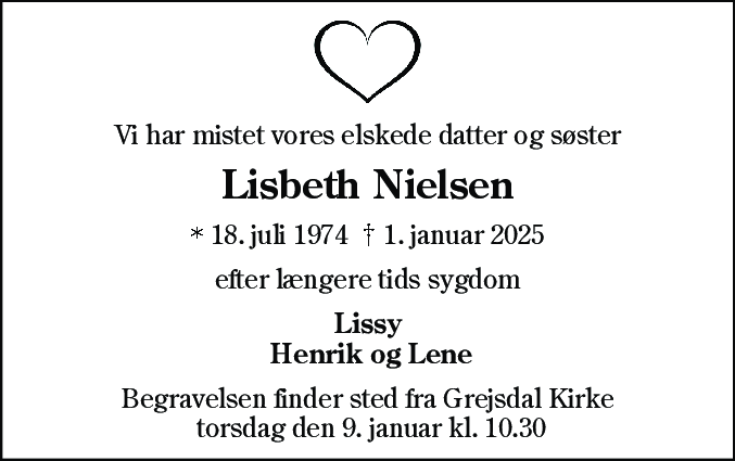 Dødsannonce for Lisbeth Nielsen