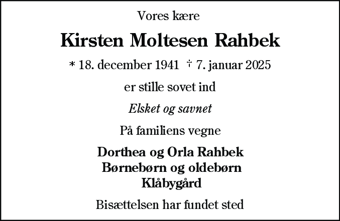 Dødsannonce for Kirsten Moltesen Rahbek