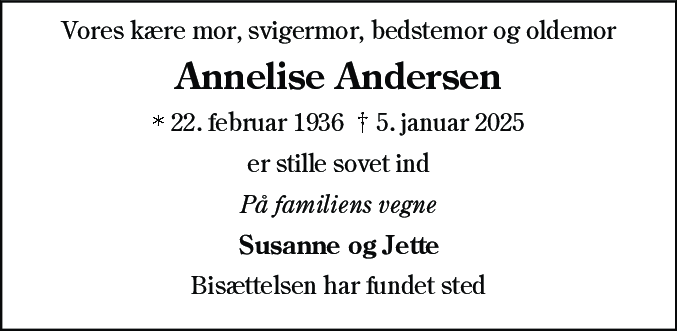 Dødsannonce for Annelise Andersen