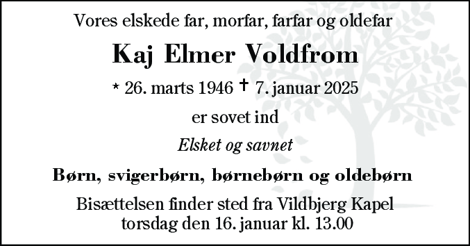 Dødsannonce for Kaj Elmer Voldfrom