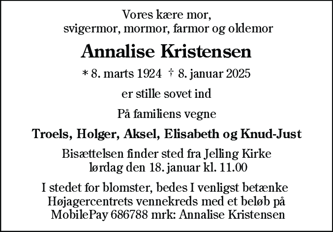 Dødsannonce for Annalise Kristensen