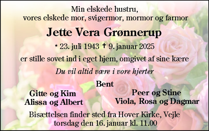Dødsannonce for Jette Vera Grønnerup