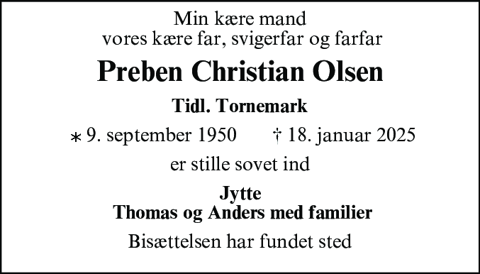 Dødsannonce for Preben Christian Olsen