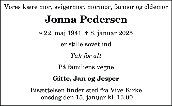 Dødsannonce for Jonna Pedersen