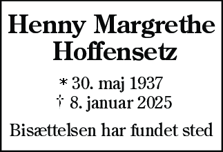 Dødsannonce for Henny Margrethe Hoffensetz