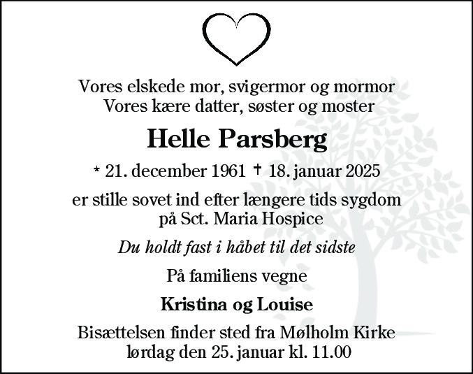 Dødsannonce for Helle Parsberg