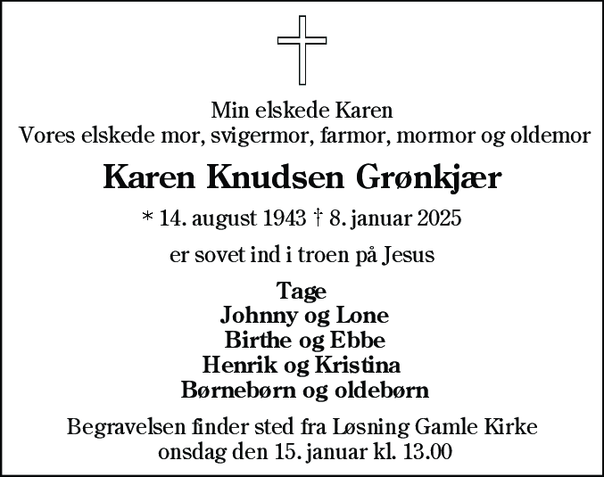 Dødsannonce for Karen Knudsen Grønkjær
