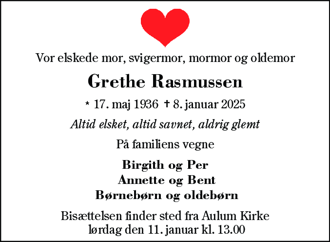 Dødsannonce for Grethe Rasmussen